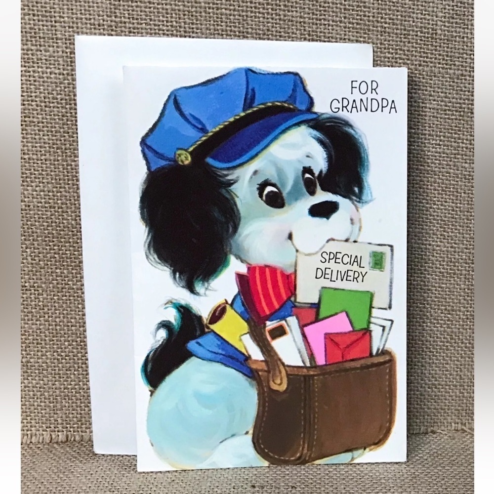 Vintage American Greetings Grandpa Fathers Day Card Mail Carrier Puppy Kitsch